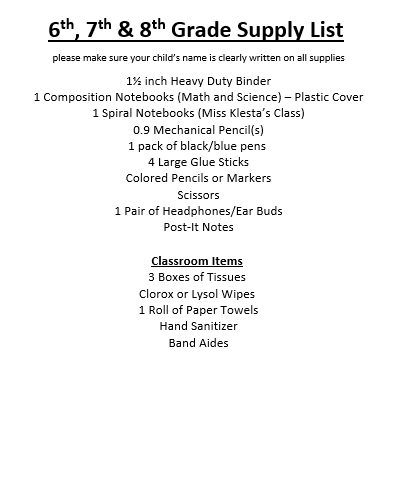 middle school supply list